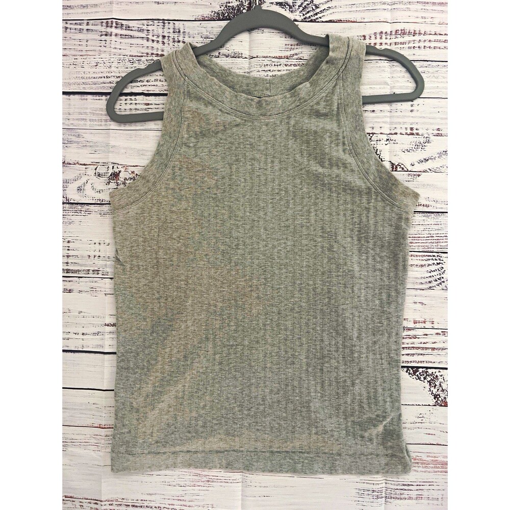Athleta Gray Ribbed High Neck Tank Top Large Racerback Mesh Cutaway Activewear